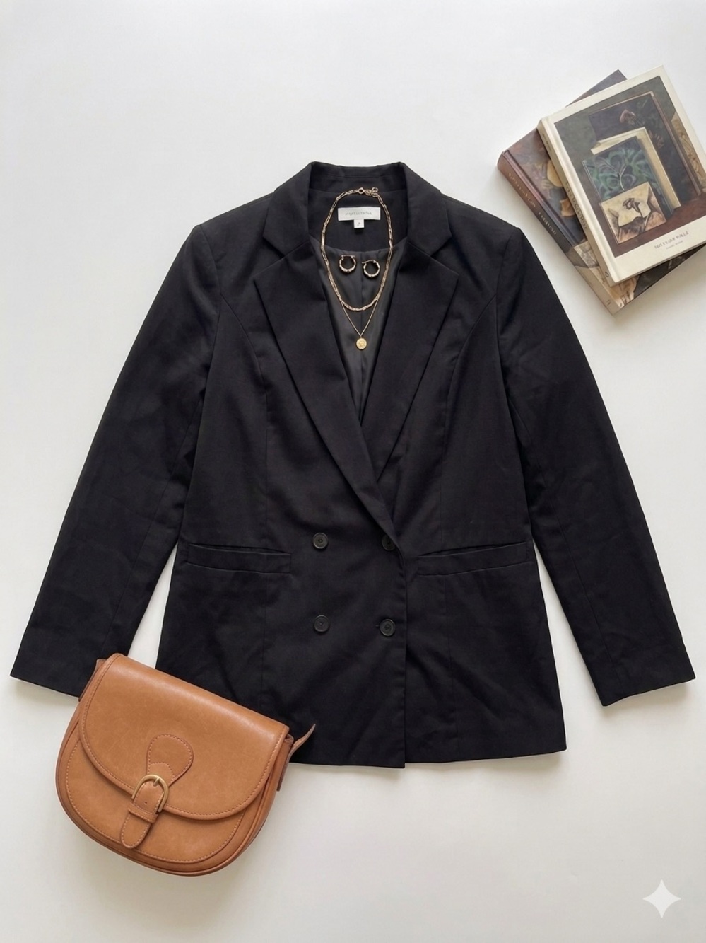 Linen Blend Black Double Breasted Blazer Jacket L NWOT quiet luxury professional